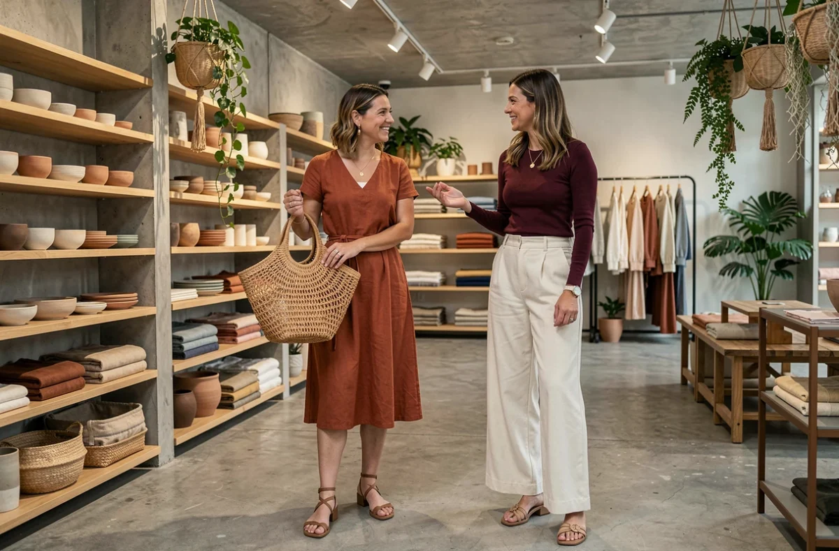 Deux amies découvrant ensemble des pièces tendance et des accessoires dans un concept store au décor minimaliste et naturel