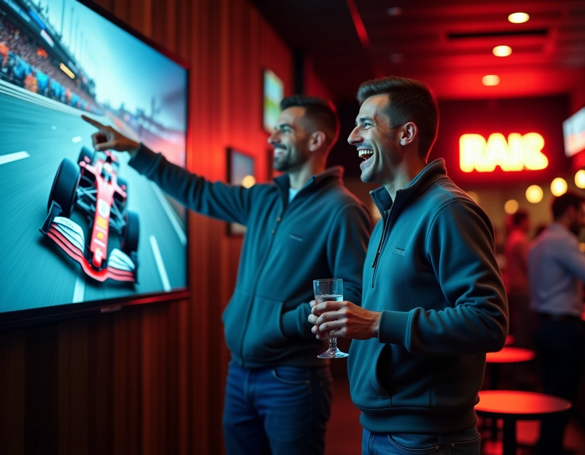 Deux amis regardant la Formule 1 ensemble dans un bar sportif devant un grand écran