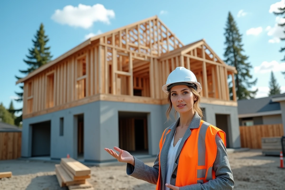 Architecte femme sur chantier de construction d'une maison individuelle avec ossature bois