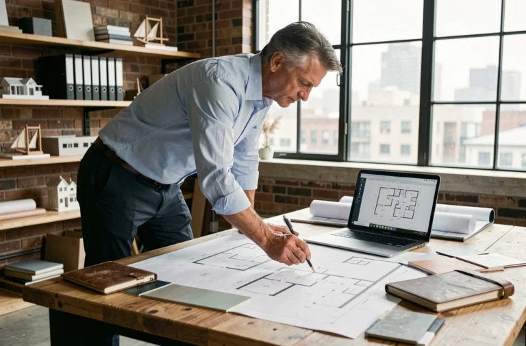 Architecte professionnel examinant des plans de travaux immobiliers dans un studio moderne