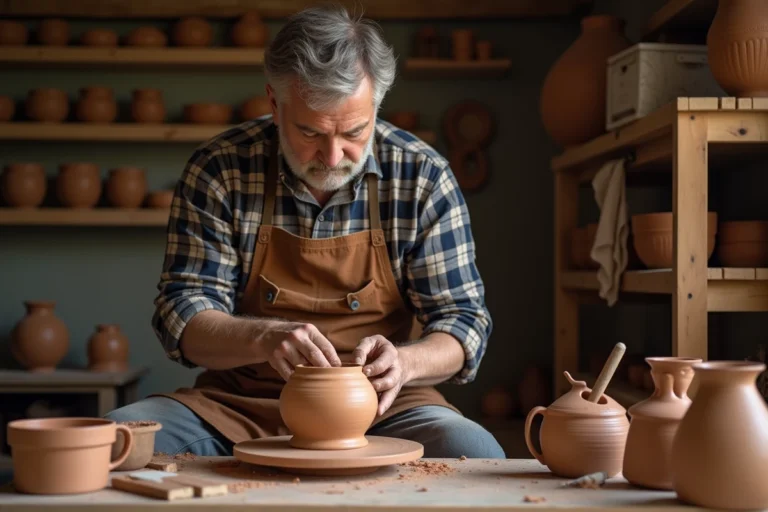 Artisan potier breton façonnant une pièce en argile dans son atelier artisanal en Ille-et-Vilaine