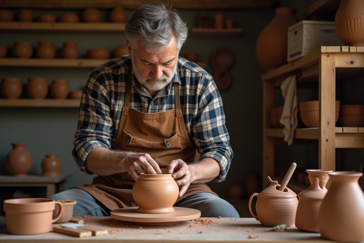Artisan potier breton façonnant une pièce en argile dans son atelier artisanal en Ille-et-Vilaine
