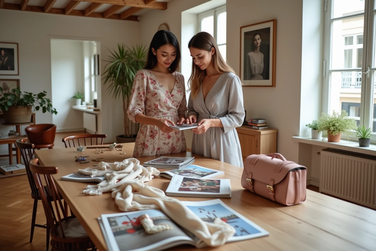 Deux femmes comparant accessoires de mode et tendances stylées dans un appartement parisien lumineux