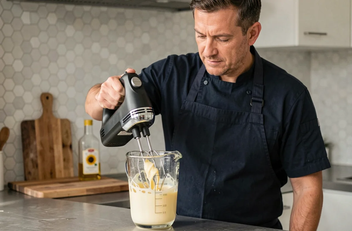 Homme utilisant un batteur électrique à main pour émulsionner une mayonnaise maison dans un pichet en verre