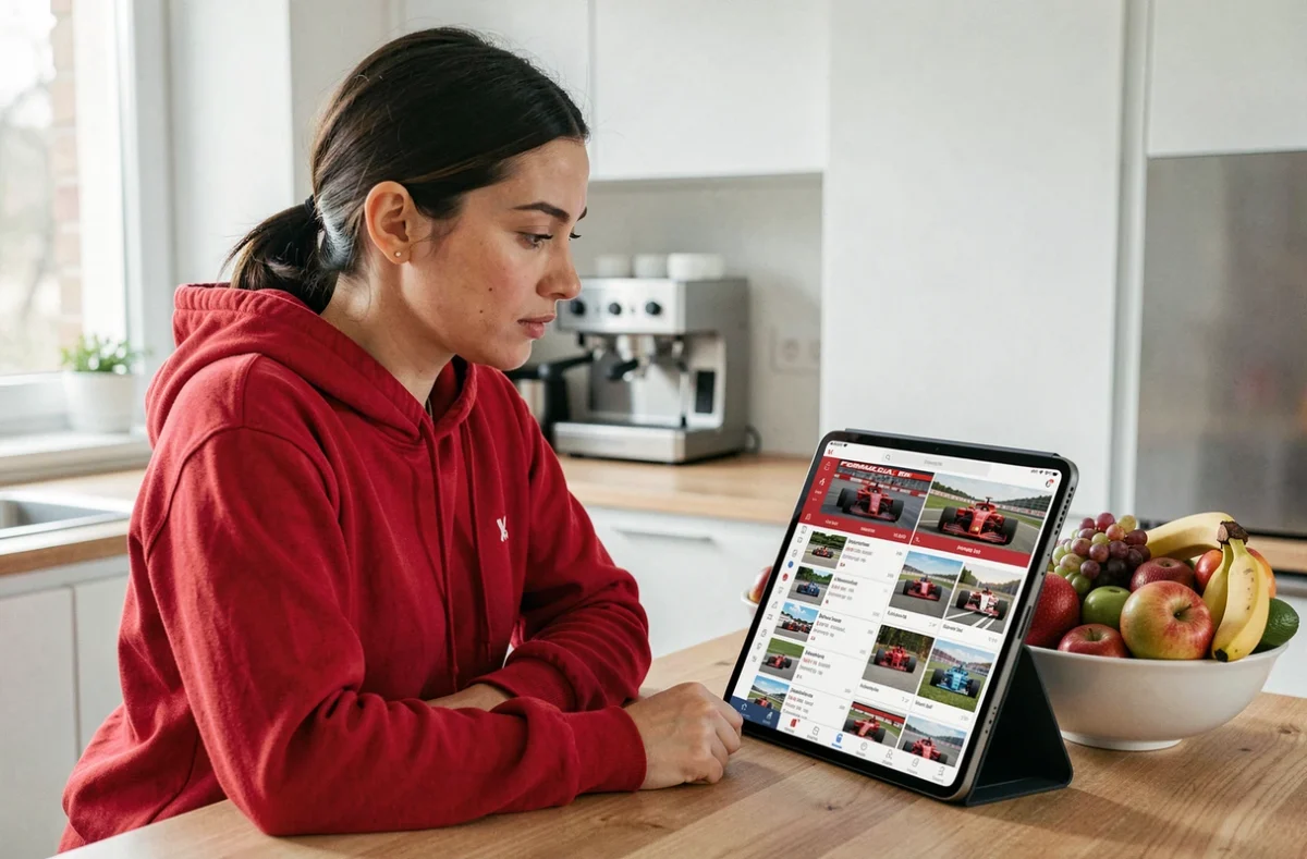 Femme consultant le guide des chaînes F1 sur une tablette dans une cuisine moderne