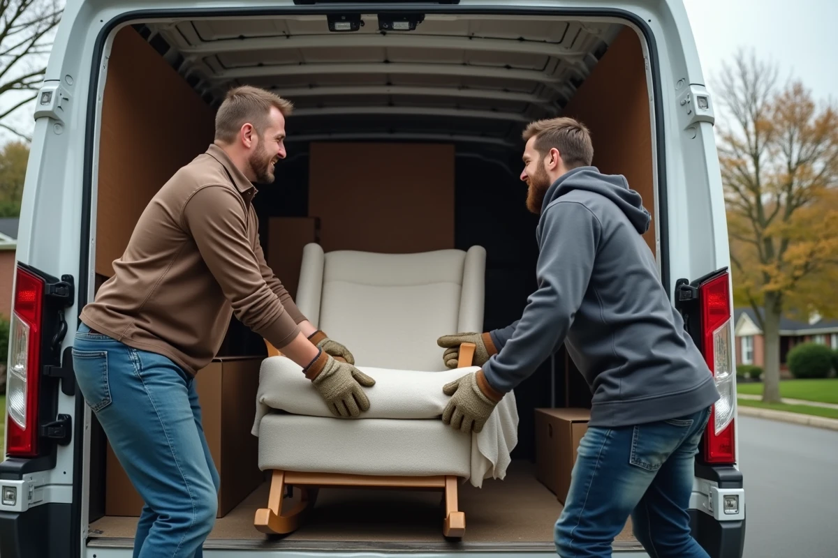 Deux hommes chargeant une chaise à bascule emballée dans un camion de livraison blanc lors d'une expédition à domicile