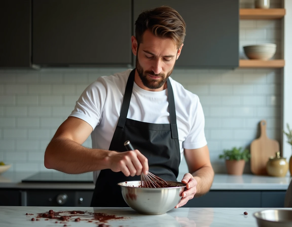 Chef pâtissier préparant une ganache au chocolat dans une cuisine moderne avec plan de travail en marbre