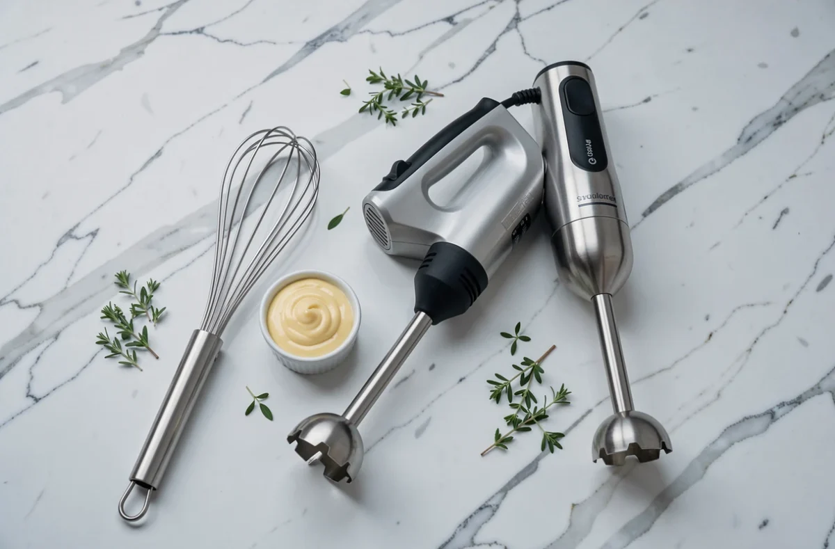 Comparaison d'outils de cuisine pour la mayonnaise : fouet ballon, batteur électrique et mixeur plongeant sur marbre blanc