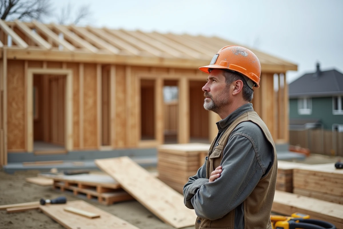 Ouvrier inspectant la charpente en bois d'une maison à toit plat en construction, ossature bois visible en cours de montage