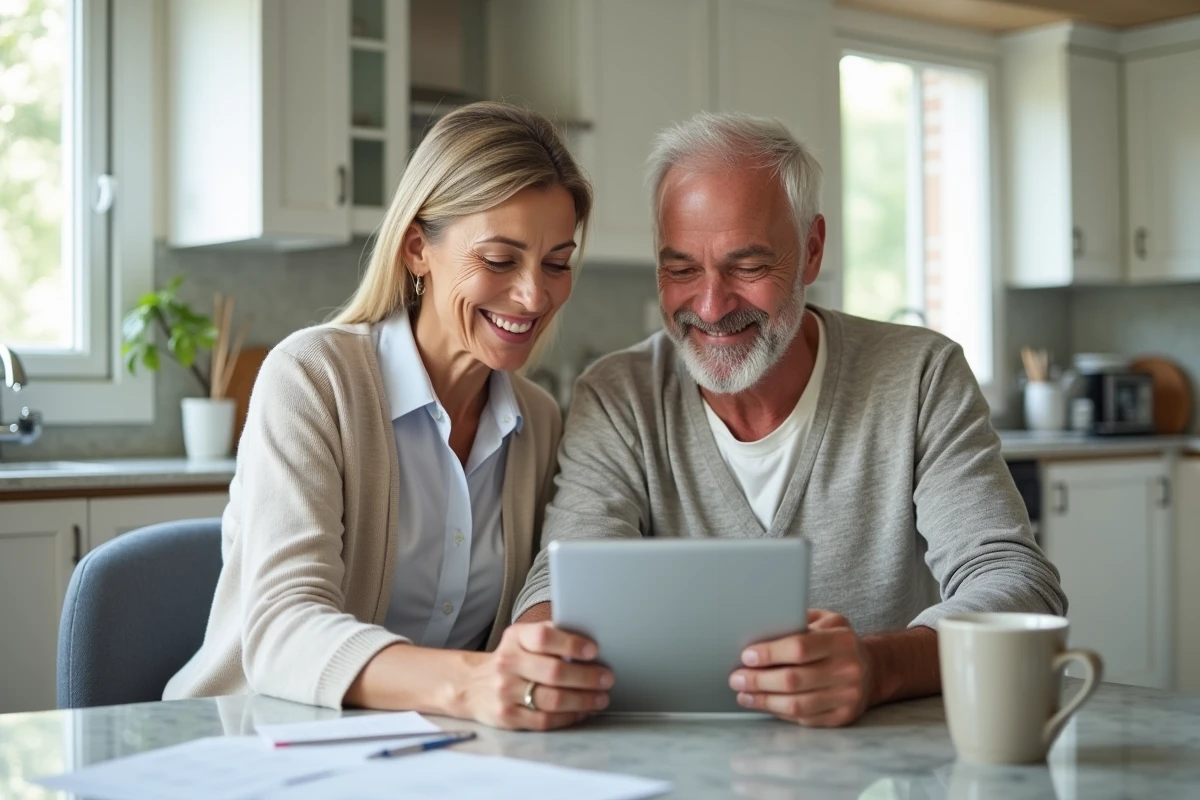 Couple consultant les informations de leur PEA sur une tablette dans la cuisine pour optimiser leur épargne