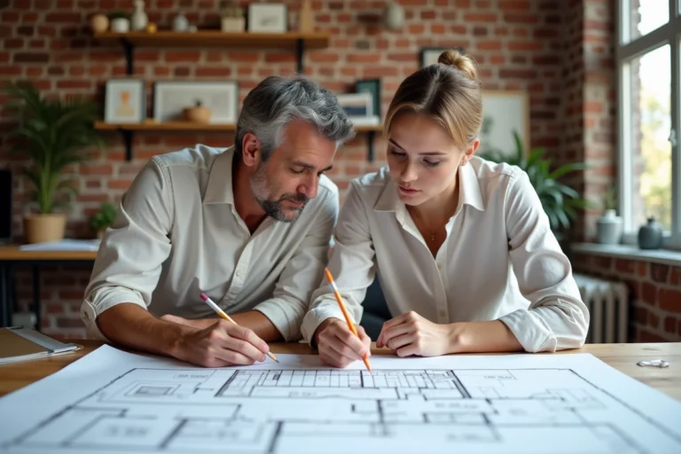 Couple étudiant les plans architecturaux de leur future maison sur rêve dans un bureau créatif