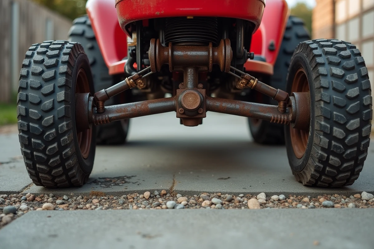 Détail du mécanisme de levage artisanal en acier soutenant l'essieu avant d'un tracteur tondeuse rouge sur béton