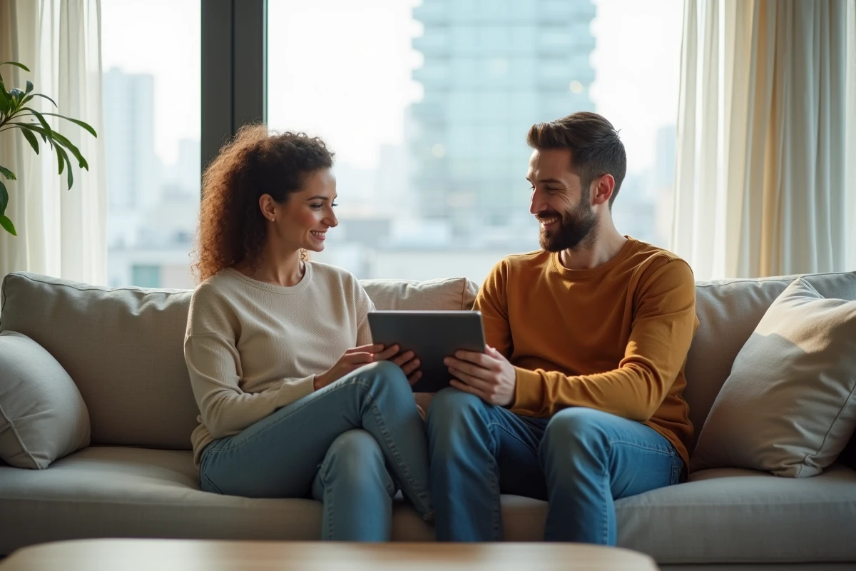 Deux adultes explorant ensemble des applications de chat sécurisées sur une tablette dans un salon moderne