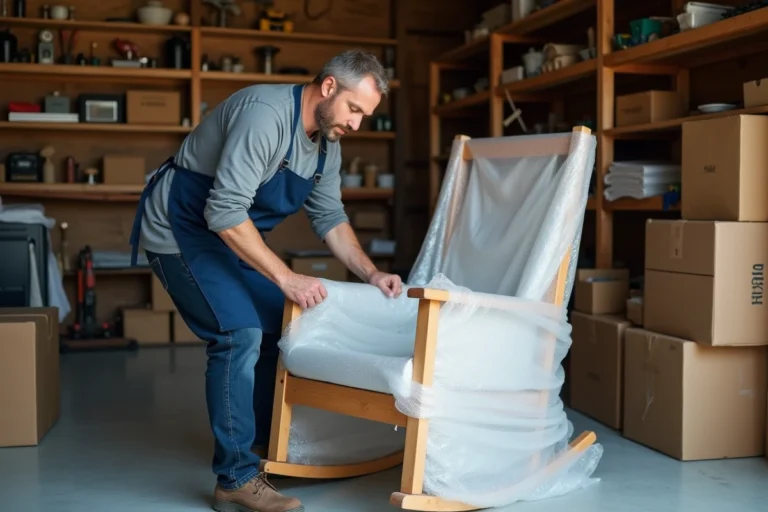 Homme emballant une chaise à bascule en bois avec du papier bulle pour l'expédition dans un atelier de garage