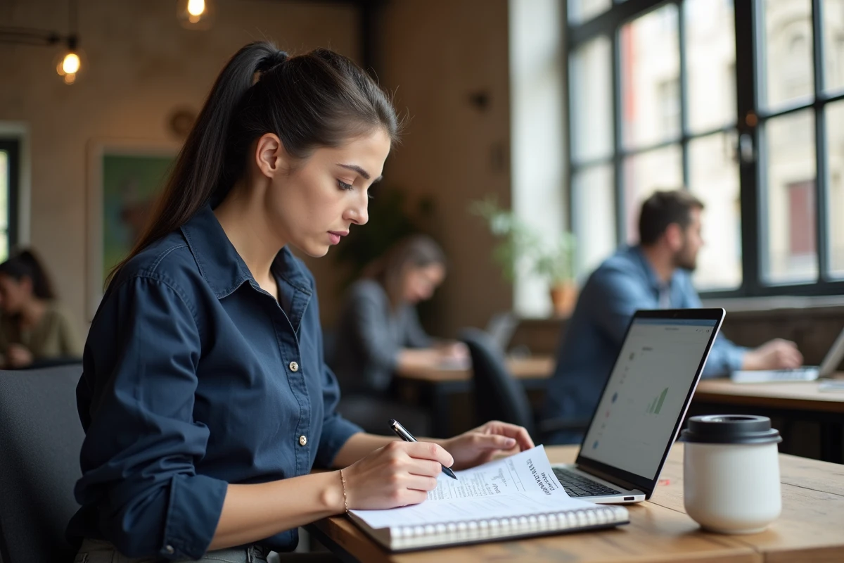 Entrepreneuse artisanale analysant son projet de développement dans un espace de coworking à Rennes