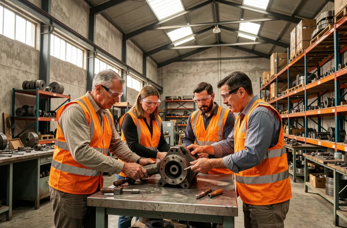 Équipe d'ouvriers industriels collaborant autour d'un composant mécanique dans un grand entrepôt de production