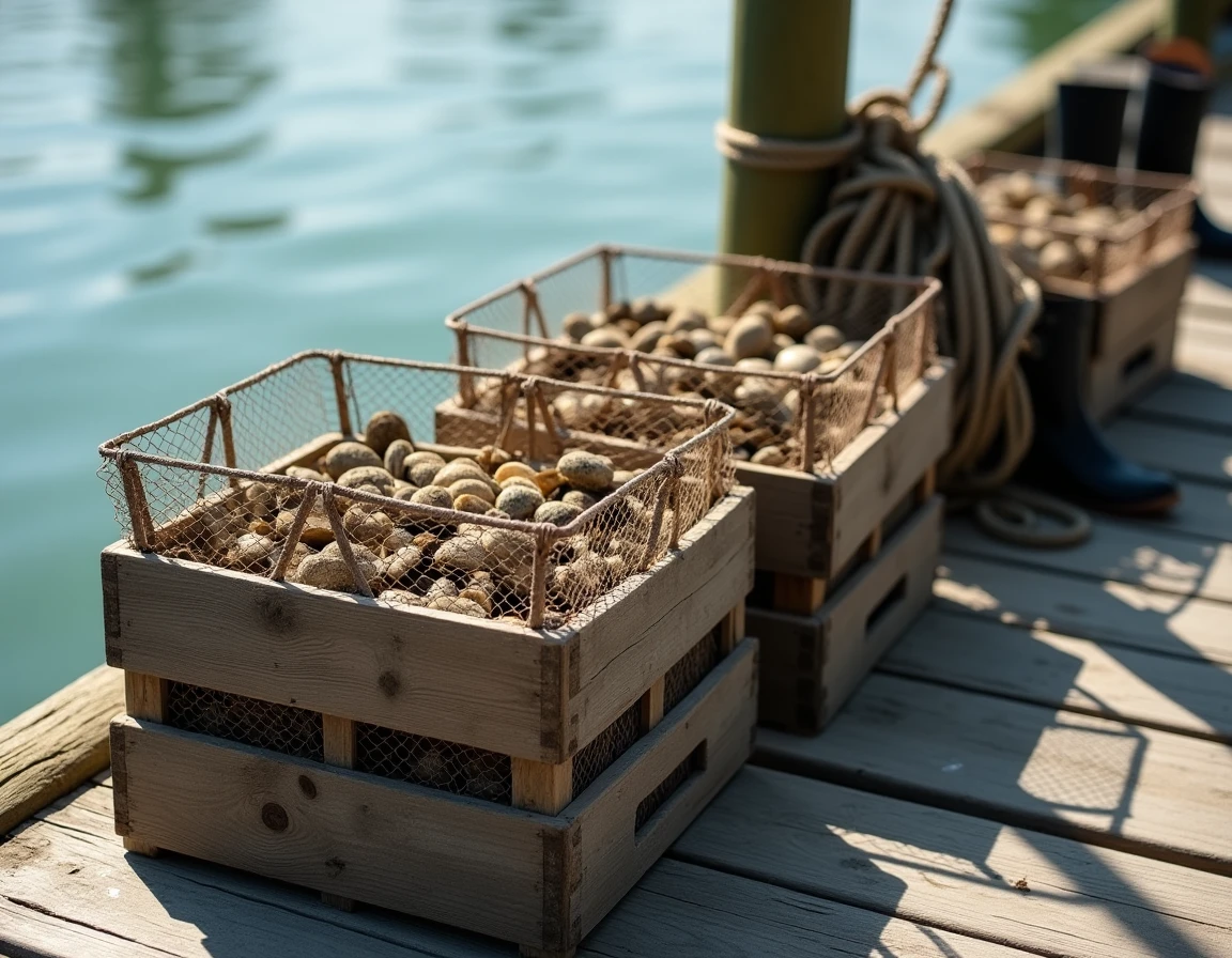 Équipements ostréicoles sur un ponton en bois au bord d'un étang, décor typique d'un mas ostréicole du sud de la France
