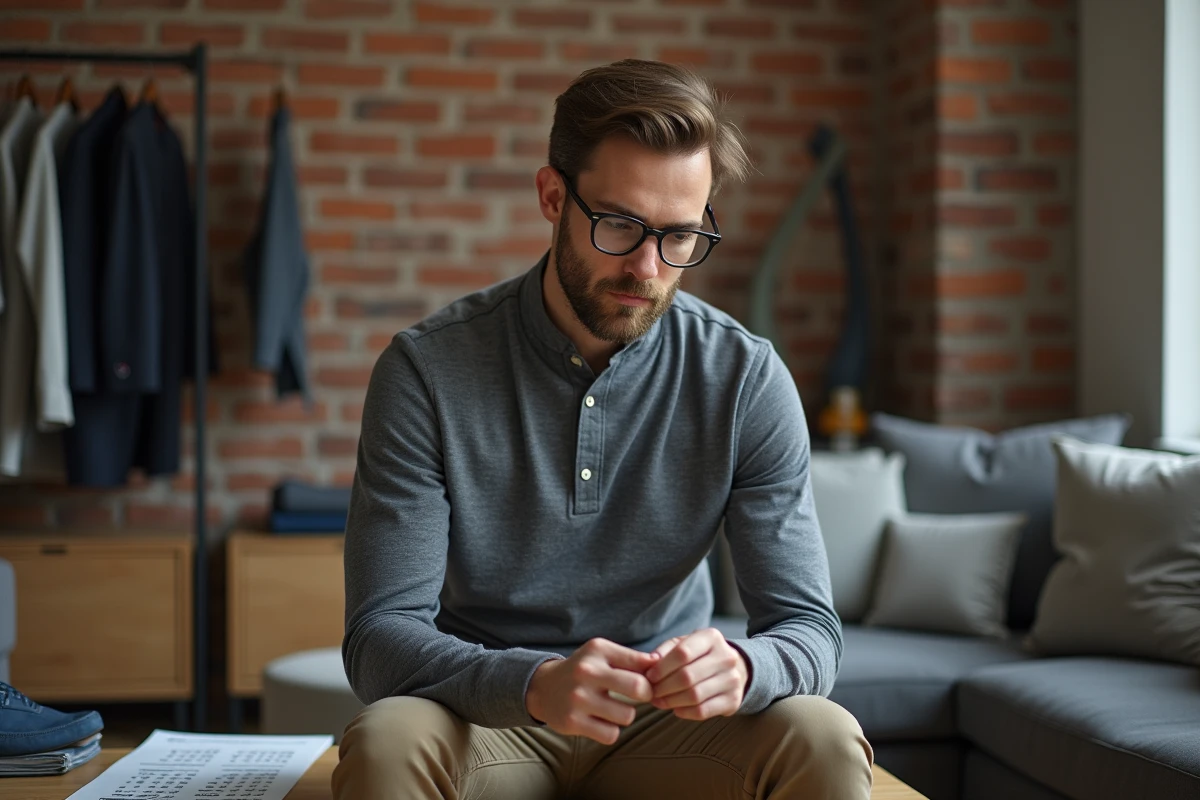 Homme vérifiant l'étiquette de taille d'une chemise Tommy Hilfiger dans un appartement moderne