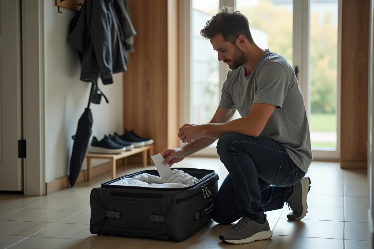 Homme insérant une étiquette valise imprimée dans un porte-étiquette transparent avant un départ en voyage