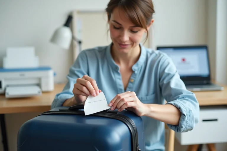 Femme attachant une étiquette valise imprimée en PDF sur une valise rigide bleue marine dans un bureau à domicile