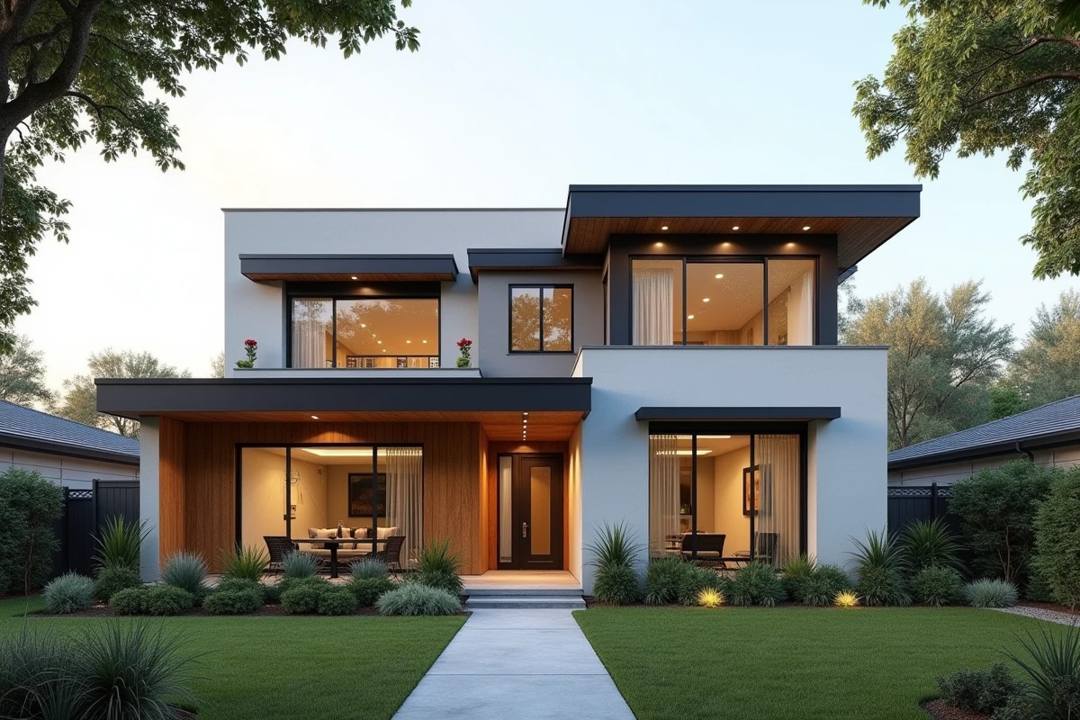 Façade d'une maison moderne contemporaine avec bardage bois et grandes baies vitrées dans un jardin paysagé
