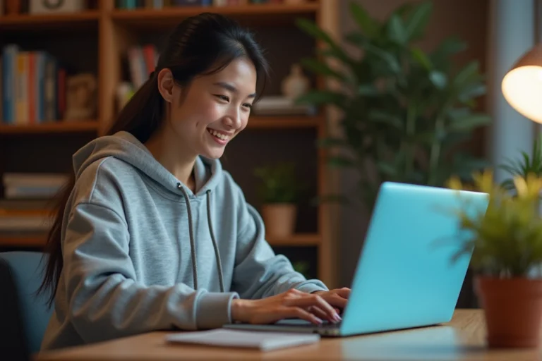 Jeune femme utilisant un ordinateur portable pour chatter en sécurité depuis son bureau à domicile