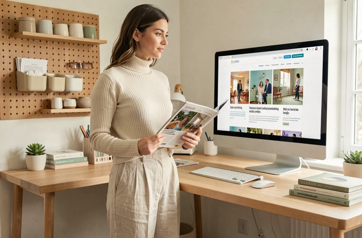 Jeune femme créative dans un bureau scandinave consultant un site média féminin innovant sur ordinateur avec magazine en main