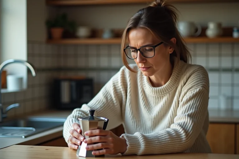 Femme inspectant un moka pot dans la cuisine chaleureuse