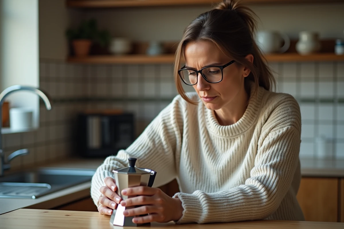 Femme inspectant un moka pot dans la cuisine chaleureuse