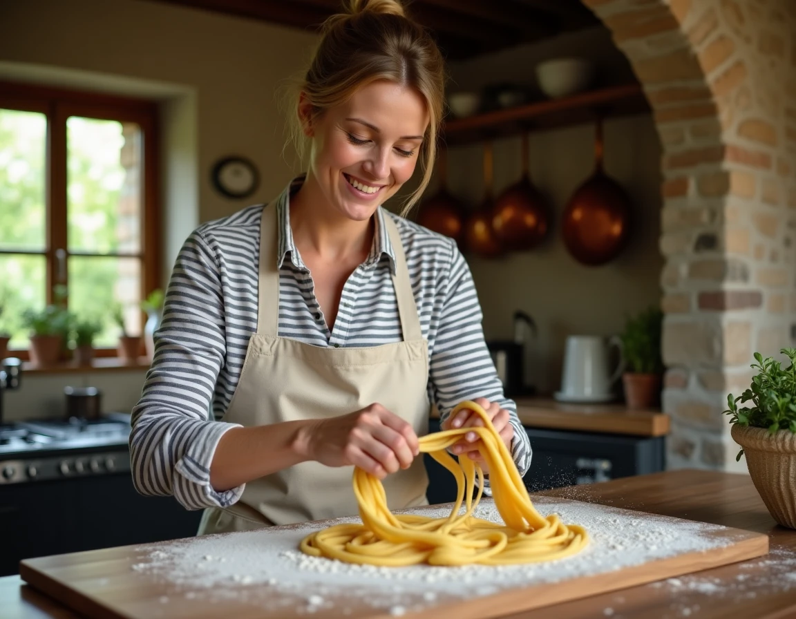 Femme cuisinant des pâtes fraîches dans une cuisine rustique avec des ustensiles en cuivre et un décor en pierre naturelle