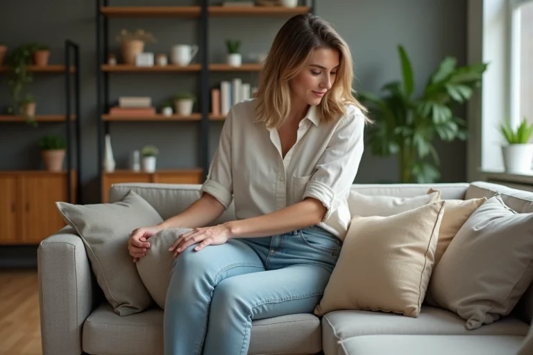 Femme arrangeant des coussins sur un canapé dans un salon élégant