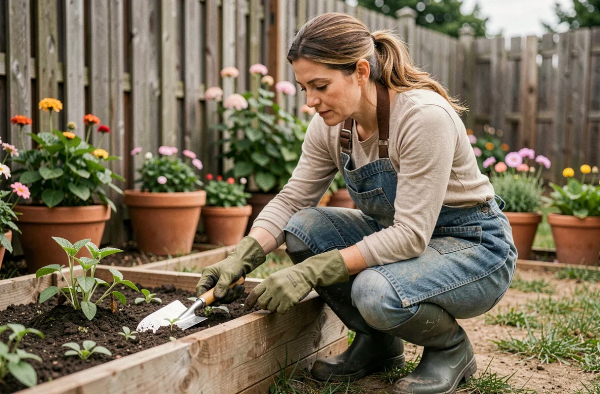 Femme jardinant avec des gants et une truelle dans un jardin potager surélevé bien entretenu