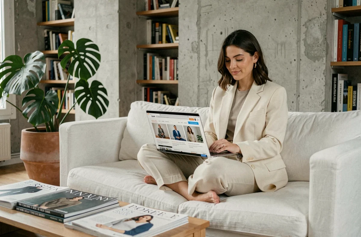 Femme moderne dans un appartement parisien consultant un média lifestyle féminin innovant sur son ordinateur portable