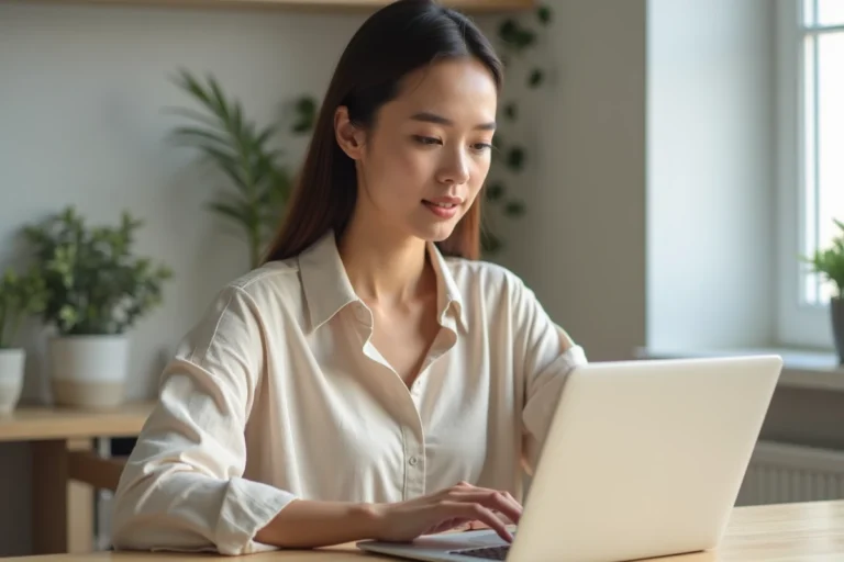 Jeune femme naviguant sur un blog beauté depuis son bureau minimaliste avec un ordinateur portable