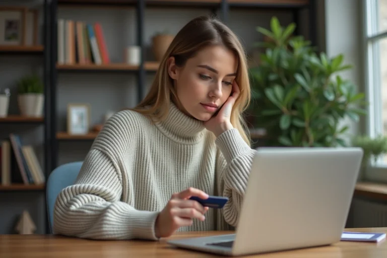 Femme concentrée utilisant son ordinateur pour payer en ligne