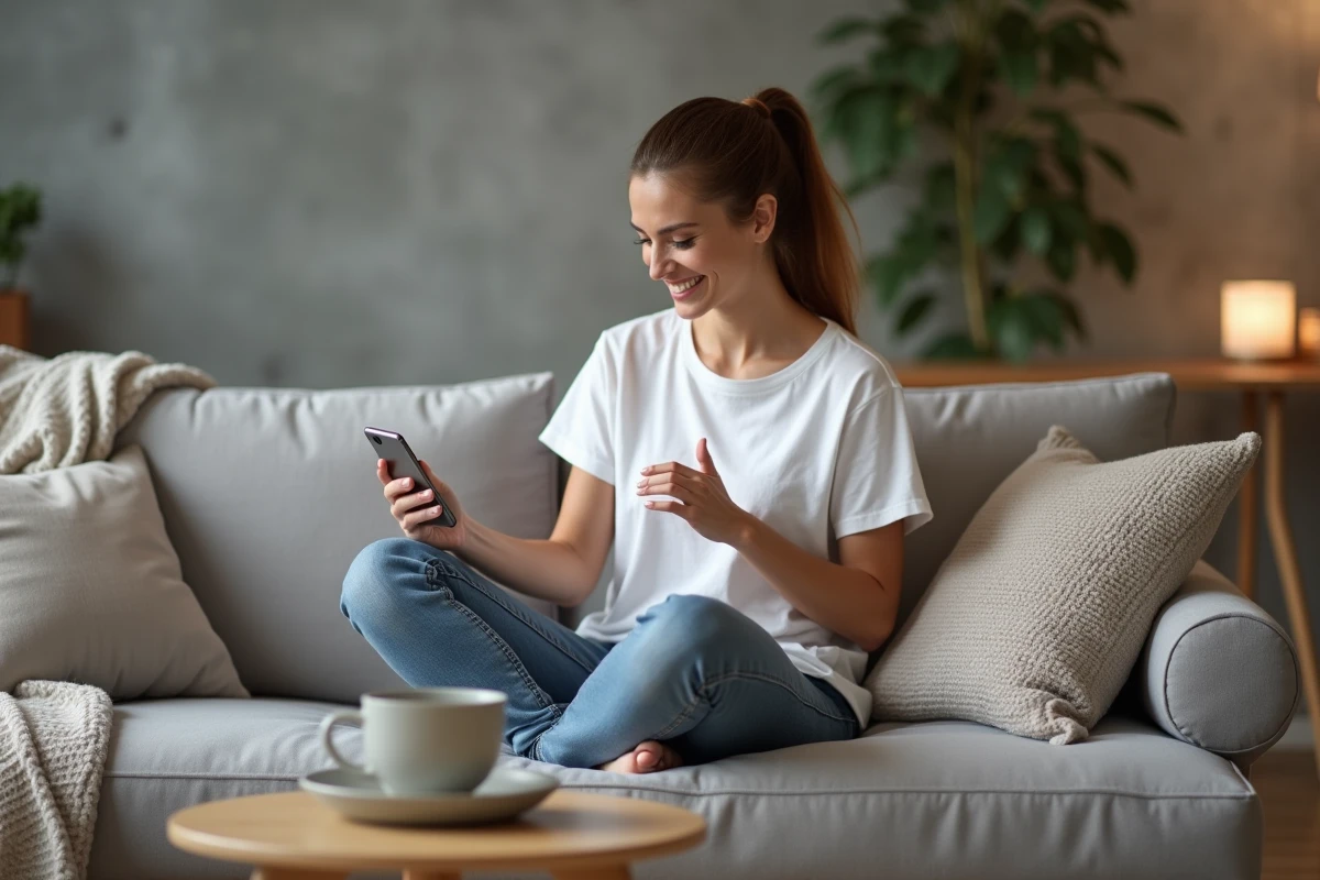 Femme consultant le plan du site d'un blog beauté sur son smartphone depuis son canapé