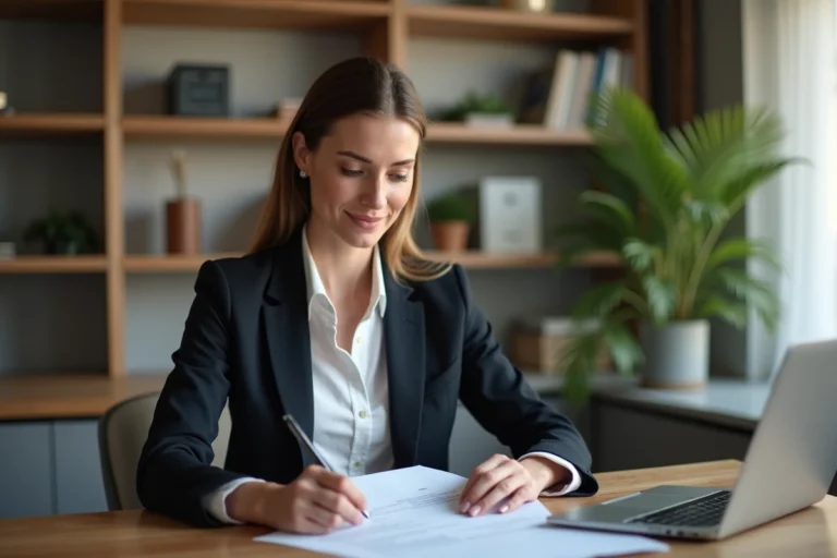 Femme professionnelle révisant son CV à son bureau pour une recherche d'emploi réussie
