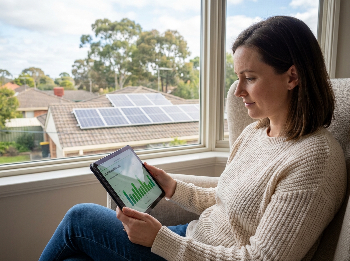 Femme utilisant une tablette pour surveiller sa consommation d energie