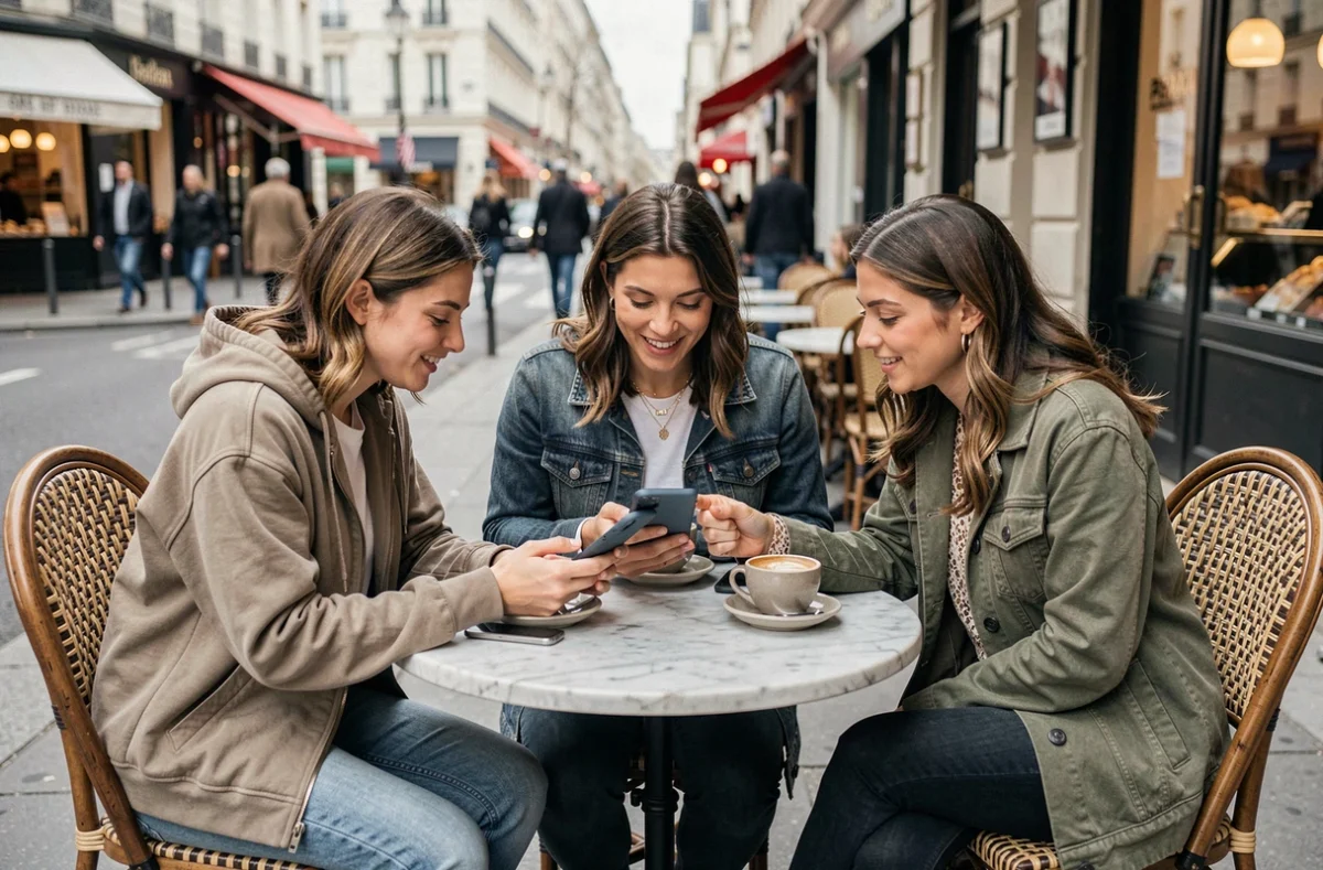 Groupe de femmes stylées discutant autour d'un café en terrasse à Paris, incarnant la diversité du lifestyle féminin contemporain
