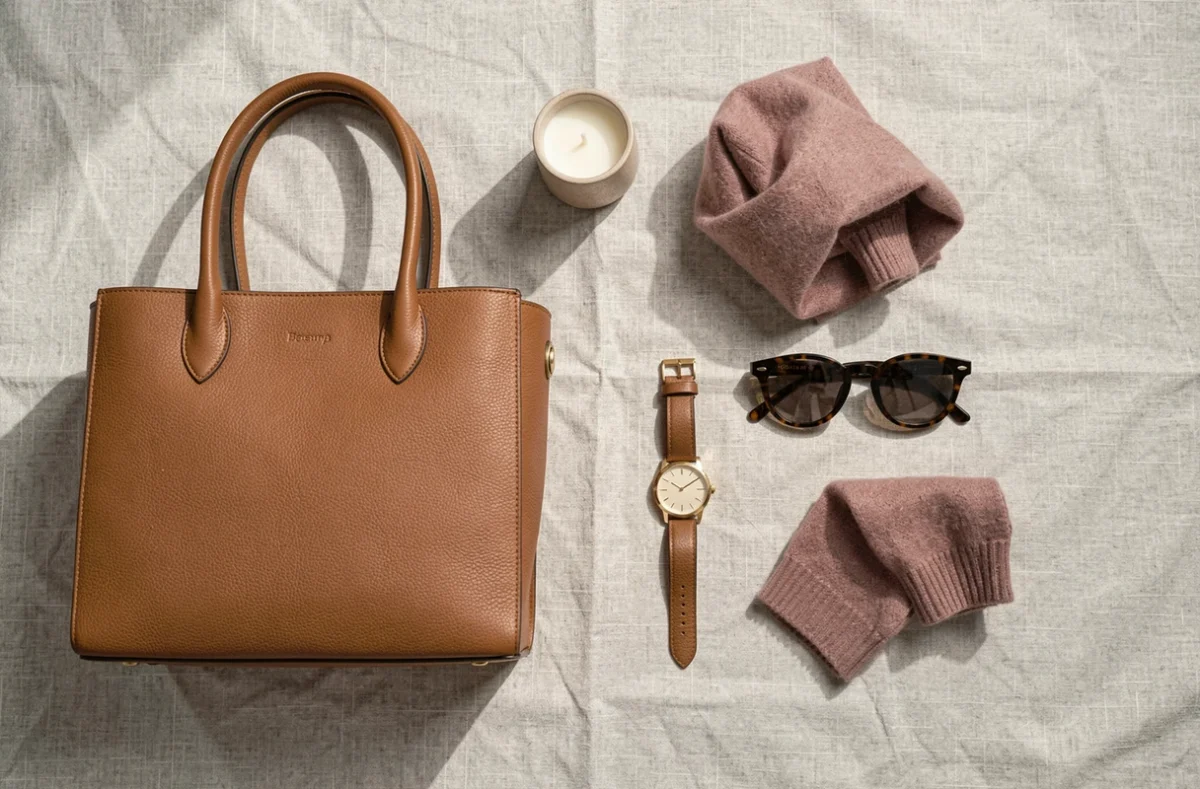 Flat lay d'accessoires tendance du quotidien incluant sac en cuir, montre dorée, lunettes et foulard en cachemire sur fond lin