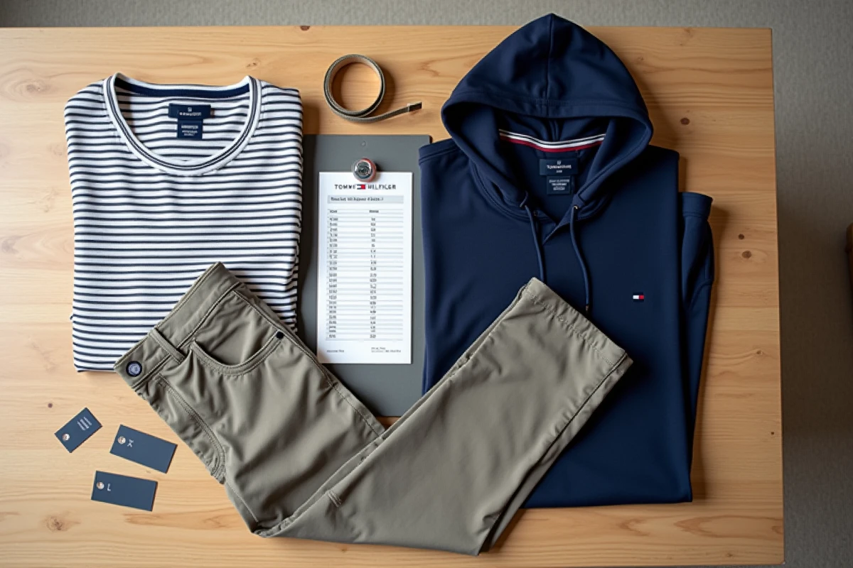 Flat lay de vêtements Tommy Hilfiger avec étiquettes de tailles et mètre ruban pour guide des tailles