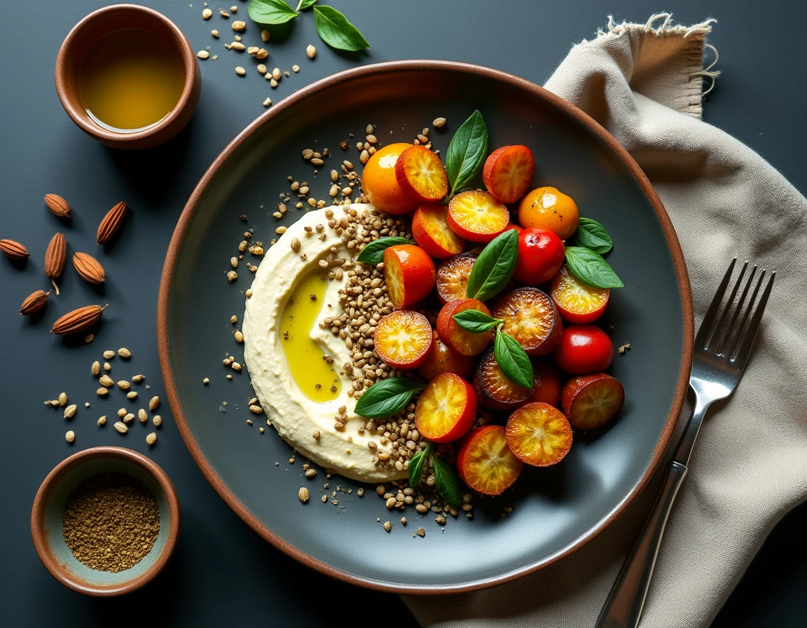 Plateau de légumes rôtis et houmous maison présenté en flat lay sur une ardoise avec épices et herbes fraîches