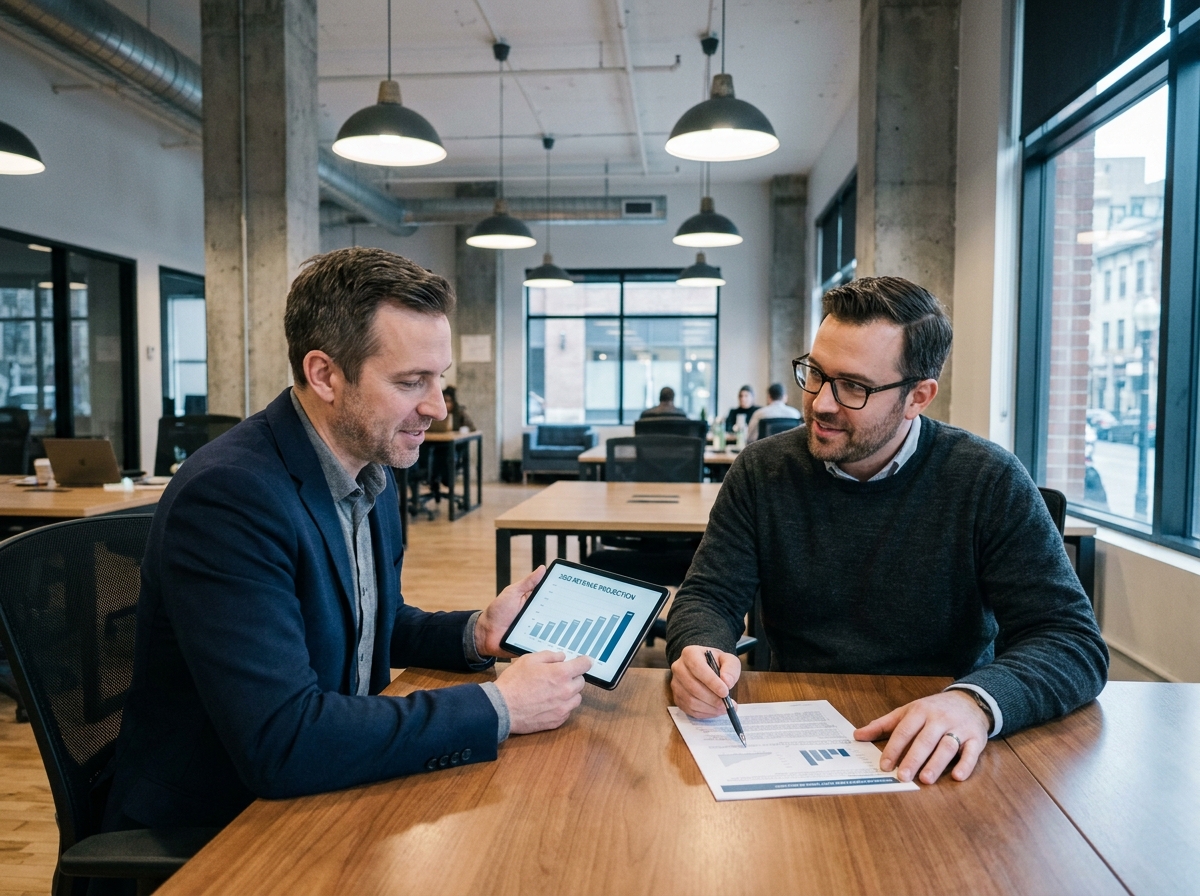 Freelance et conseiller financier discutant d'une stratégie de revenus et de protection sociale dans un espace de coworking
