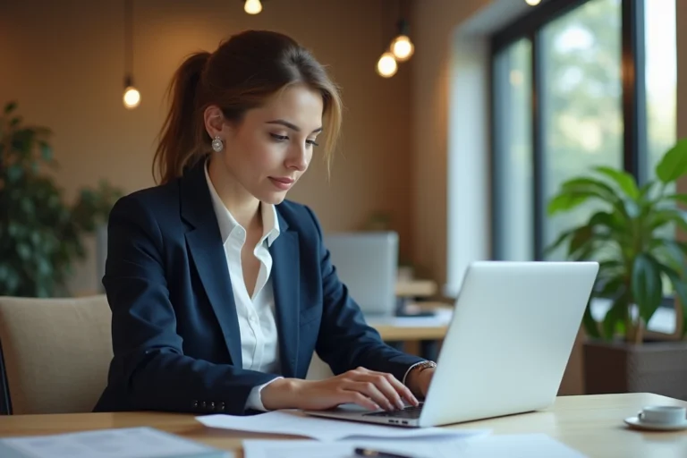 Femme professionnelle gérant ses notes de frais sur un ordinateur portable dans un bureau moderne