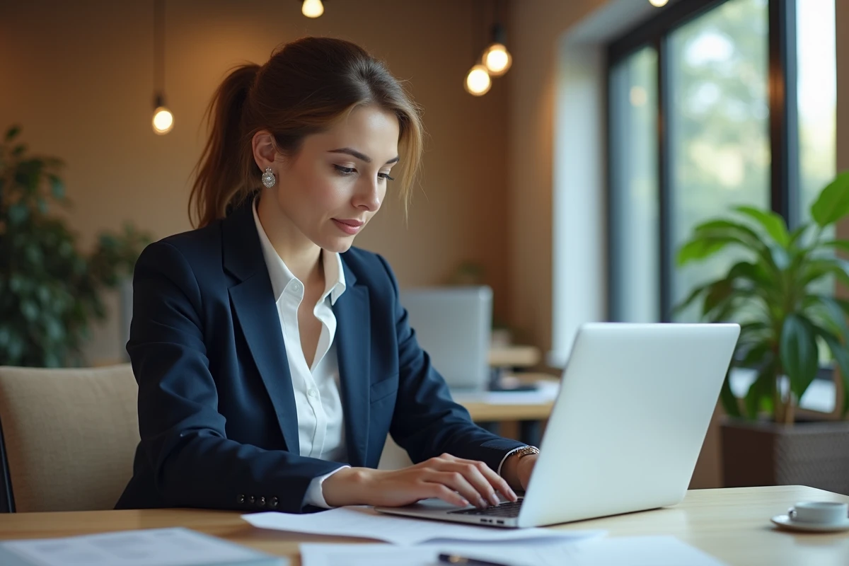 Femme professionnelle gérant ses notes de frais sur un ordinateur portable dans un bureau moderne