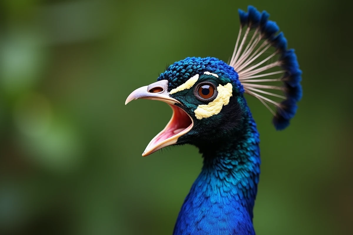 Gros plan du visage d'un paon en plein cri, bec grand ouvert, peau bleue iridescente et crête déployée en avant, mise au point sur l'œil