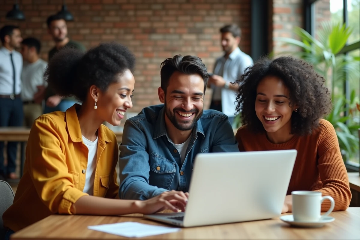 Groupe de professionnels collaborant sur une recherche d'emploi dans un espace de coworking
