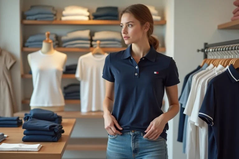 Jeune femme comparant deux tailles de polo Tommy Hilfiger dans une boutique de vêtements