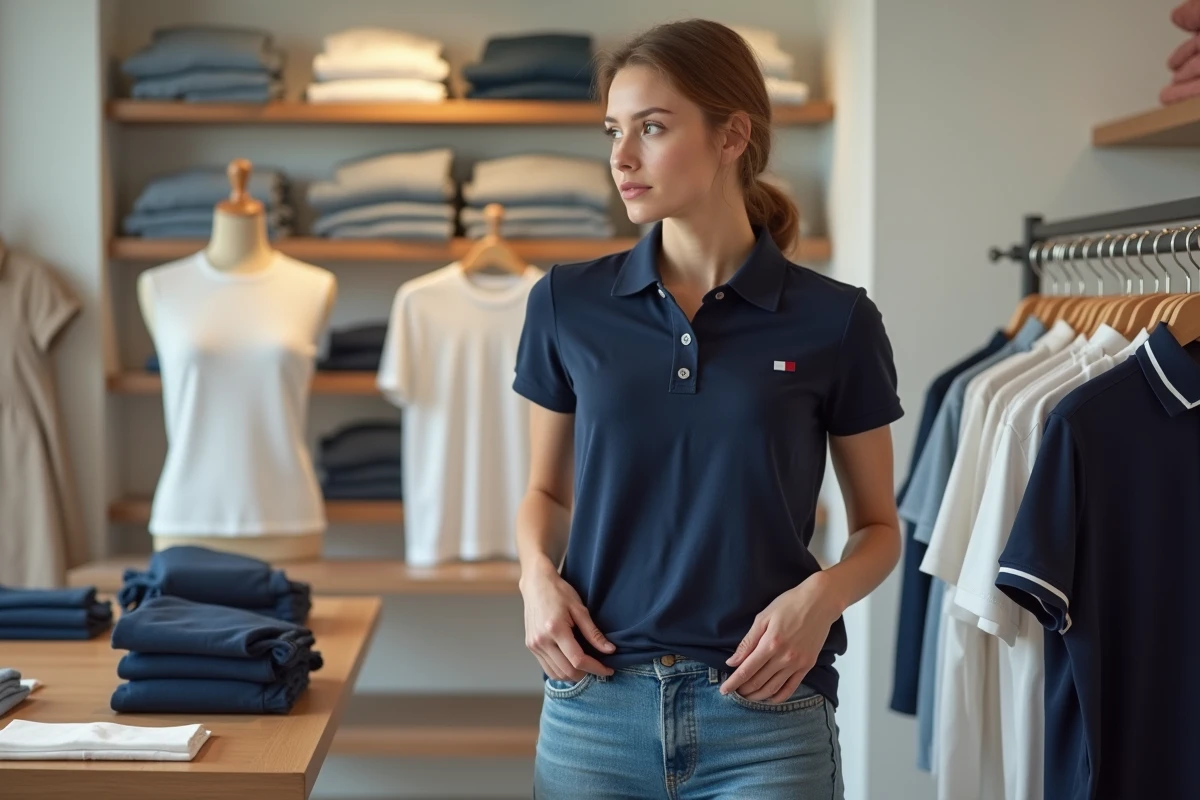 Jeune femme comparant deux tailles de polo Tommy Hilfiger dans une boutique de vêtements