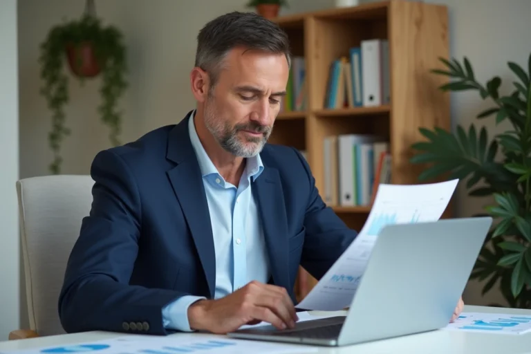 Homme en costume bleu marine analysant des documents financiers liés au plafond du PEA à son bureau